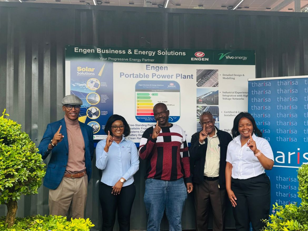 Representatives from Engen, Tharisa Mines, and Marikana North High School celebrate the installation of a 15kW solar power system